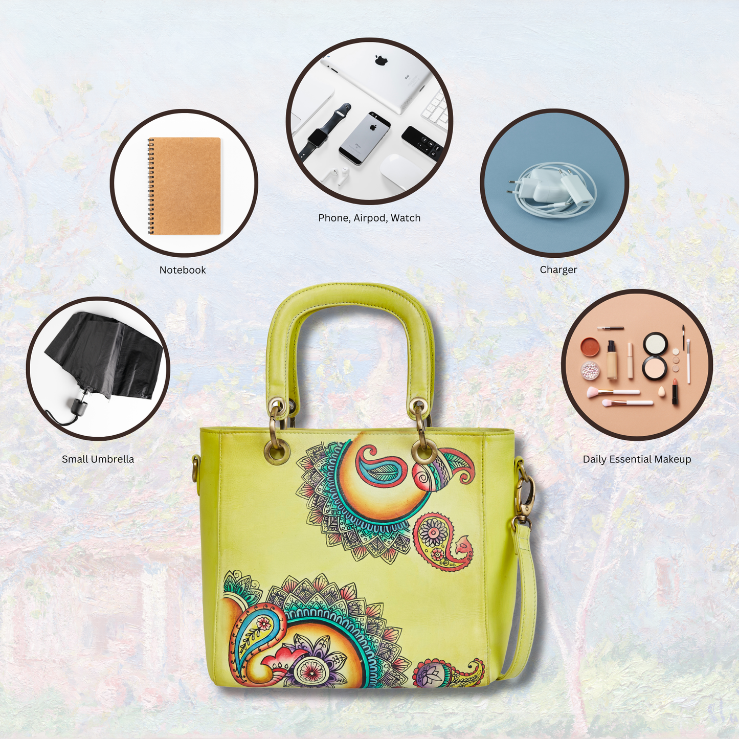 Leather Hand-Painted Yellow Mandala Handbag