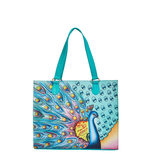 Sishka Leather Hand-Painted Handbag – Elegant Peacock Art, Spacious Satchel & Shoulder Purse with Detachable Strap.
