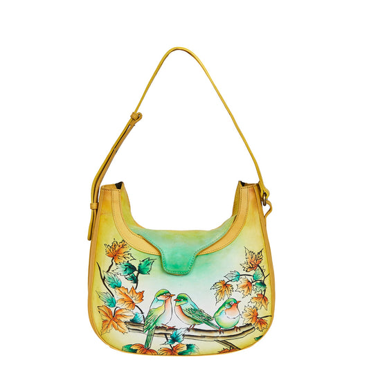 Hand-Painted Women's Leather Hobo Bag – Bird Art, Stylish Shoulder Purse & Satchel with Versatile Carry Straps.