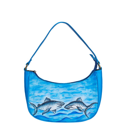 Shark-Themed Hand-Painted Ocean Blue Leather Hobo Bag