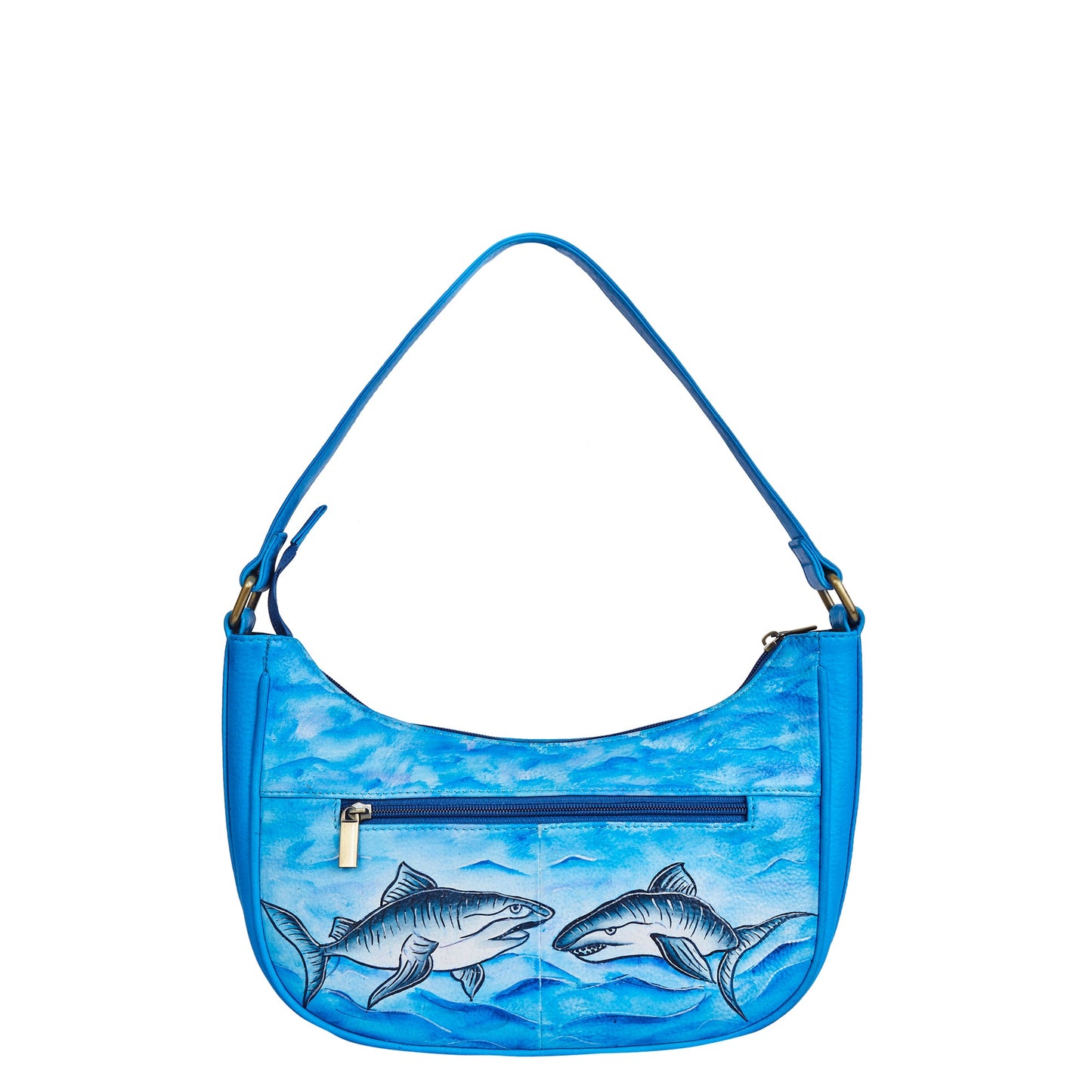 Shark-Themed Hand-Painted Ocean Blue Leather Hobo Bag