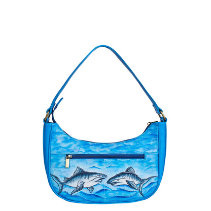 Shark-Themed Hand-Painted Ocean Blue Leather Hobo Bag