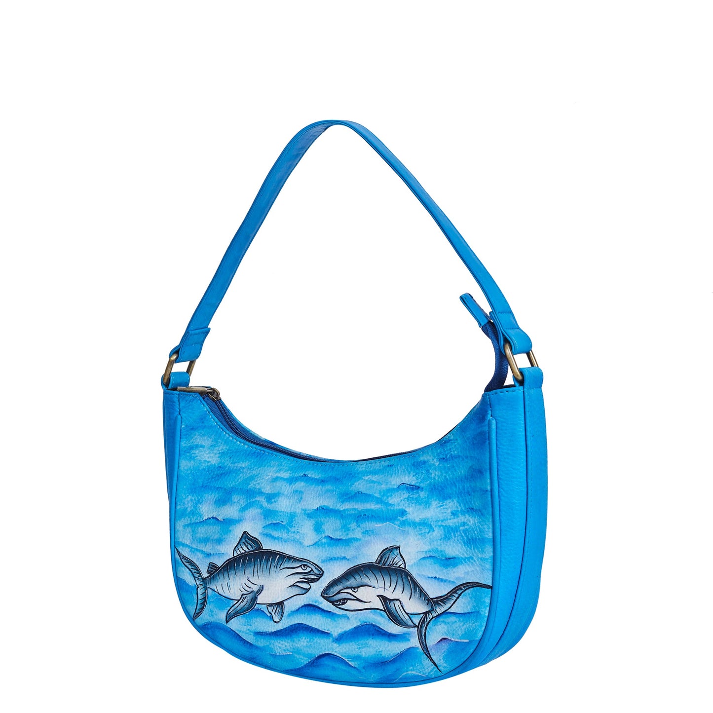 Shark-Themed Hand-Painted Ocean Blue Leather Hobo Bag