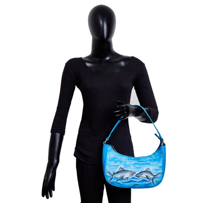 Shark-Themed Hand-Painted Ocean Blue Leather Hobo Bag