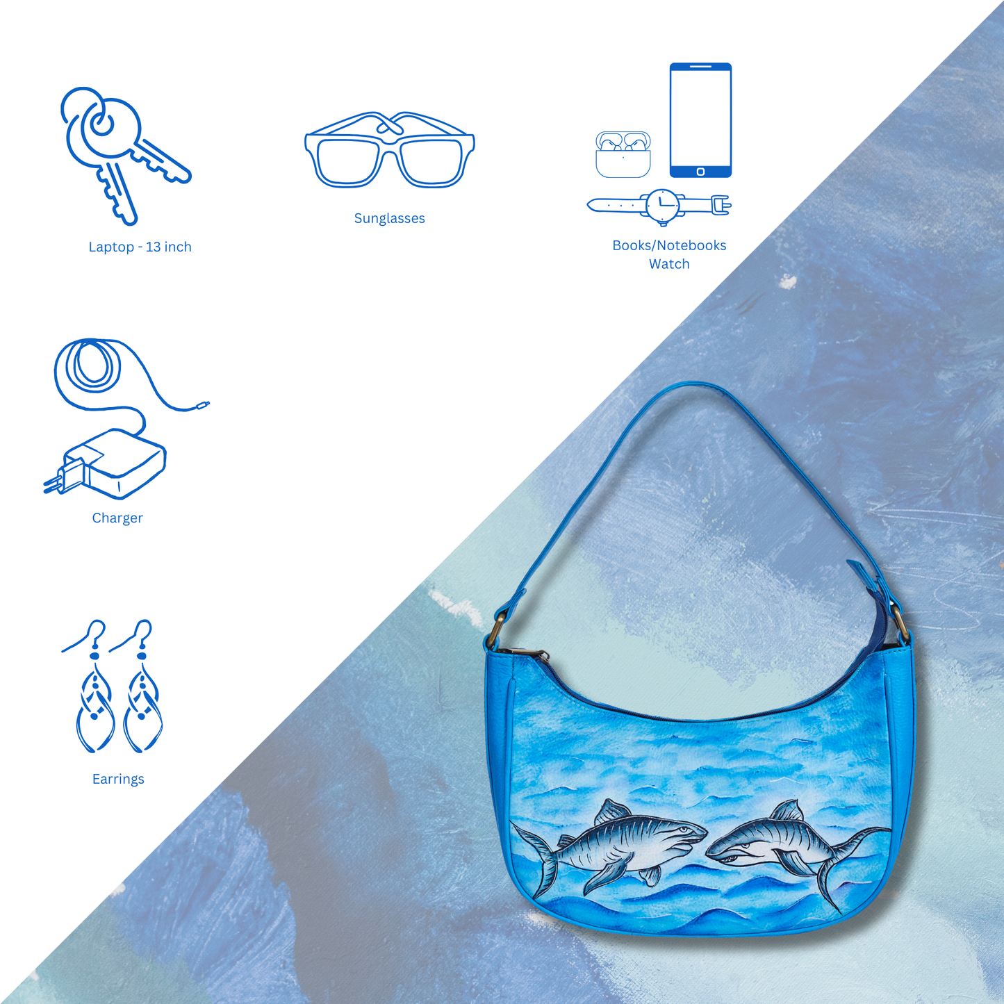 Shark-Themed Hand-Painted Ocean Blue Leather Hobo Bag