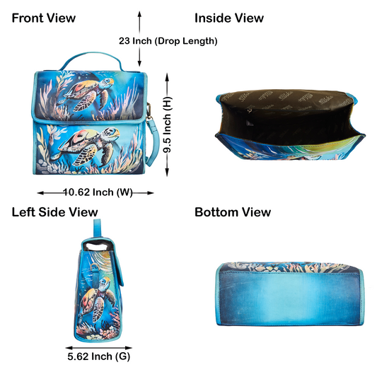 Turtle Art Hand-Painted Blue Leather Satchel Shoulder Bag