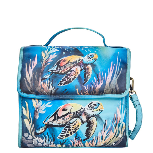 Turtle Art Hand-Painted Blue Leather Satchel Shoulder Bag