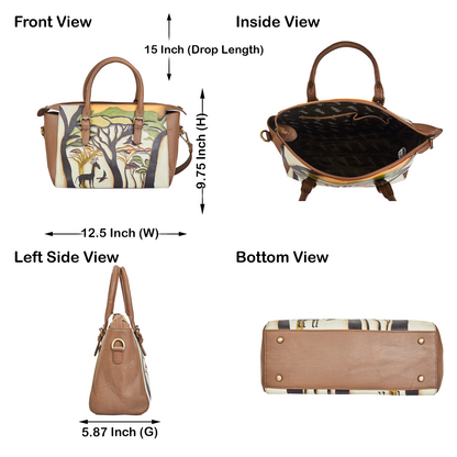 Hand-Painted Leather Satchel – Brown Shoulder Purse with Wild Art