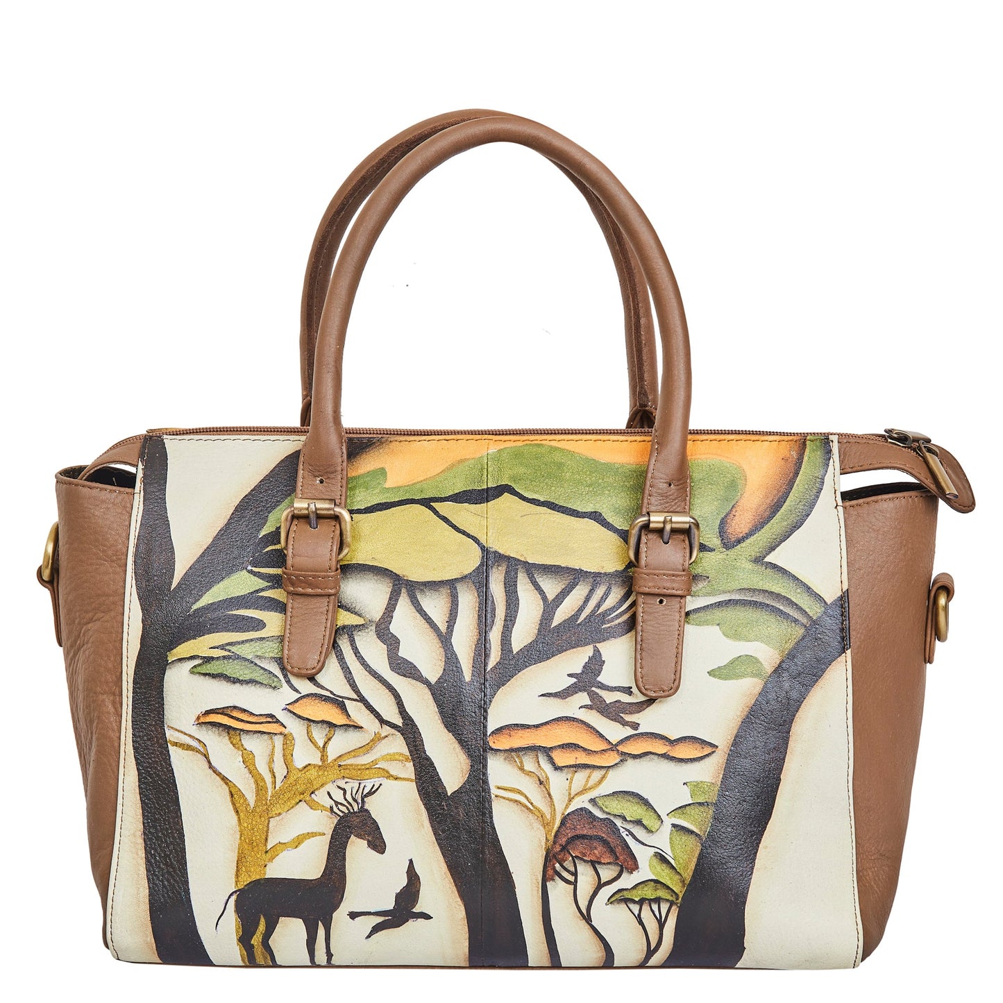 Hand-Painted Leather Satchel – Brown Shoulder Purse with Wild Art