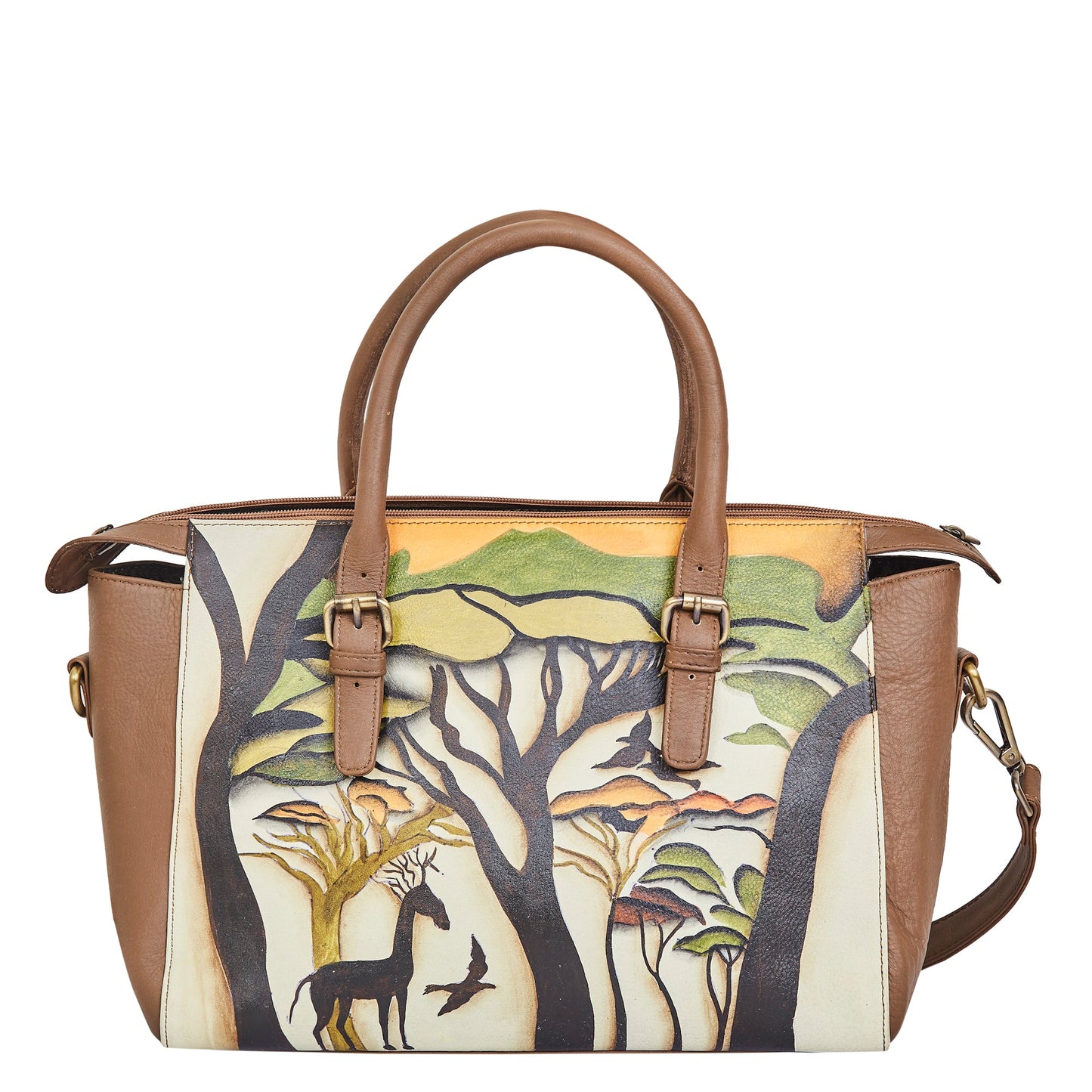 Hand-Painted Leather Satchel – Brown Shoulder Purse with Wild Art