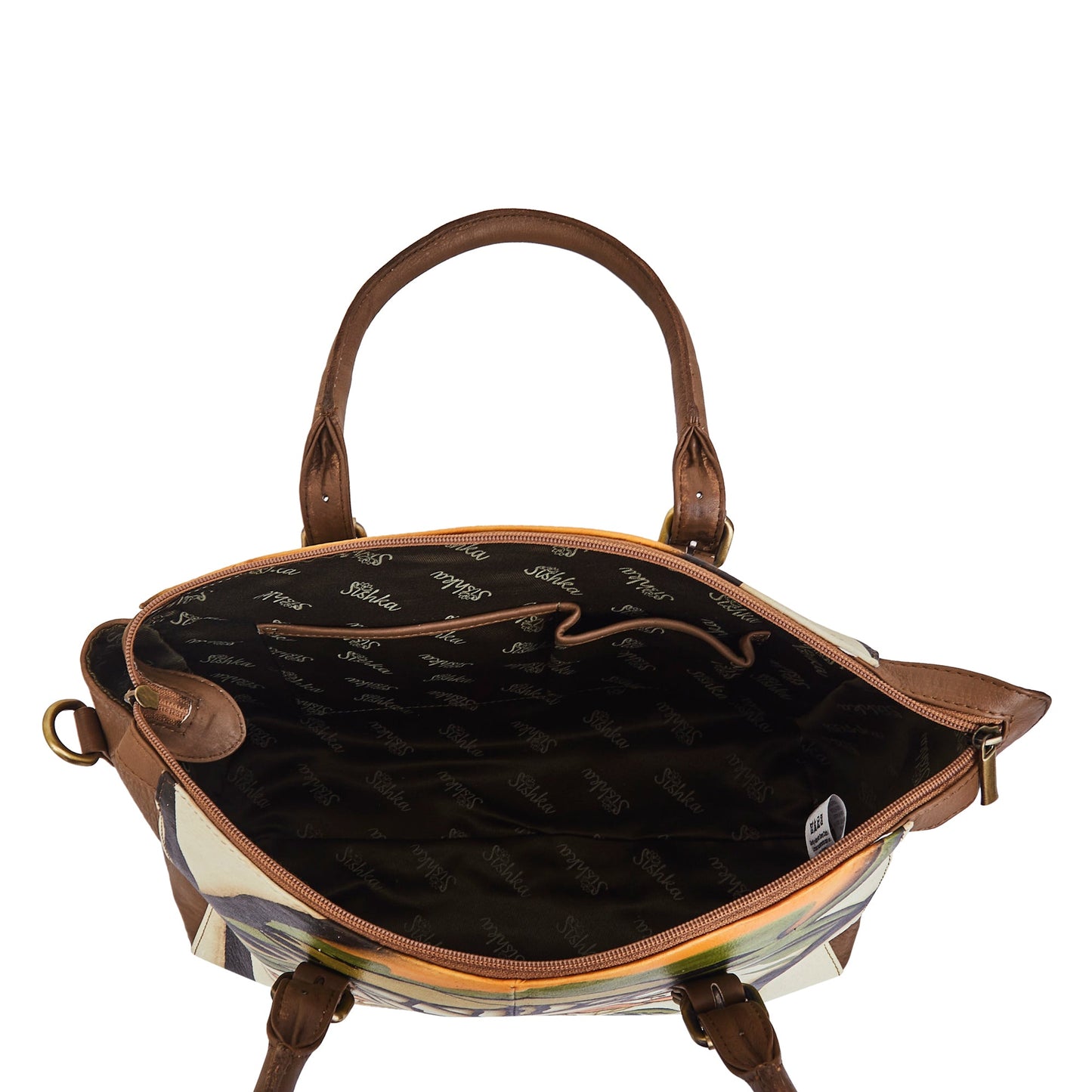 Hand-Painted Leather Satchel – Brown Shoulder Purse with Wild Art