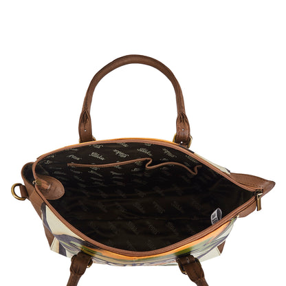 Hand-Painted Leather Satchel – Brown Shoulder Purse with Wild Art