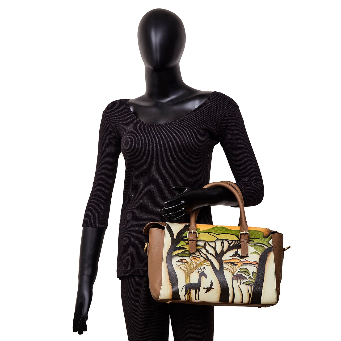 Hand-Painted Leather Satchel – Brown Shoulder Purse with Wild Art