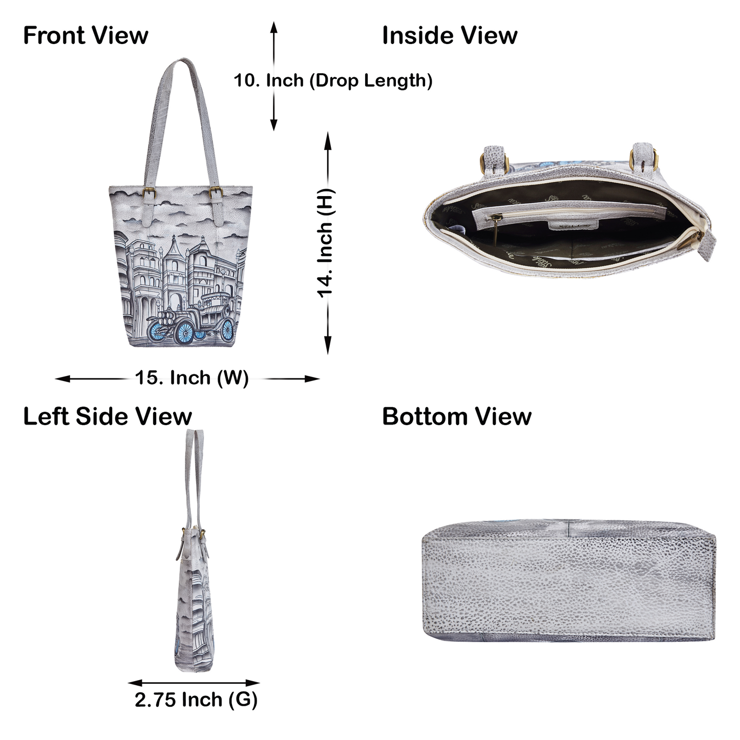 Vintage Car & Architecture Hand-Painted Leather Tote Bag