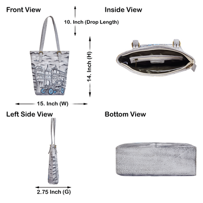 Vintage Car & Architecture Hand-Painted Leather Tote Bag