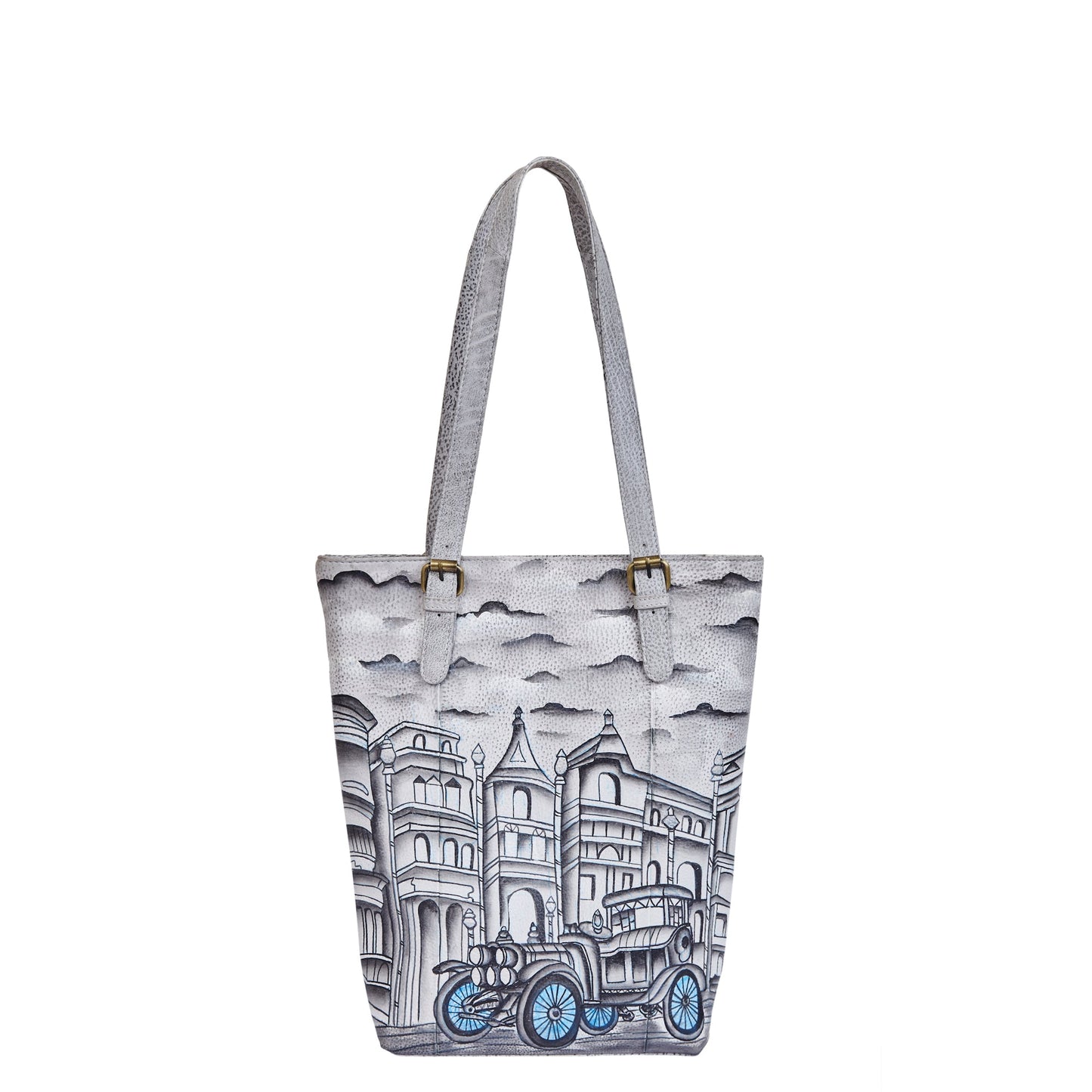 Vintage Car & Architecture Hand-Painted Leather Tote Bag