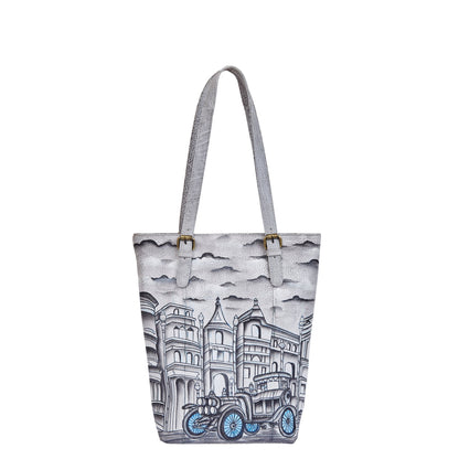 Vintage Car & Architecture Hand-Painted Leather Tote Bag