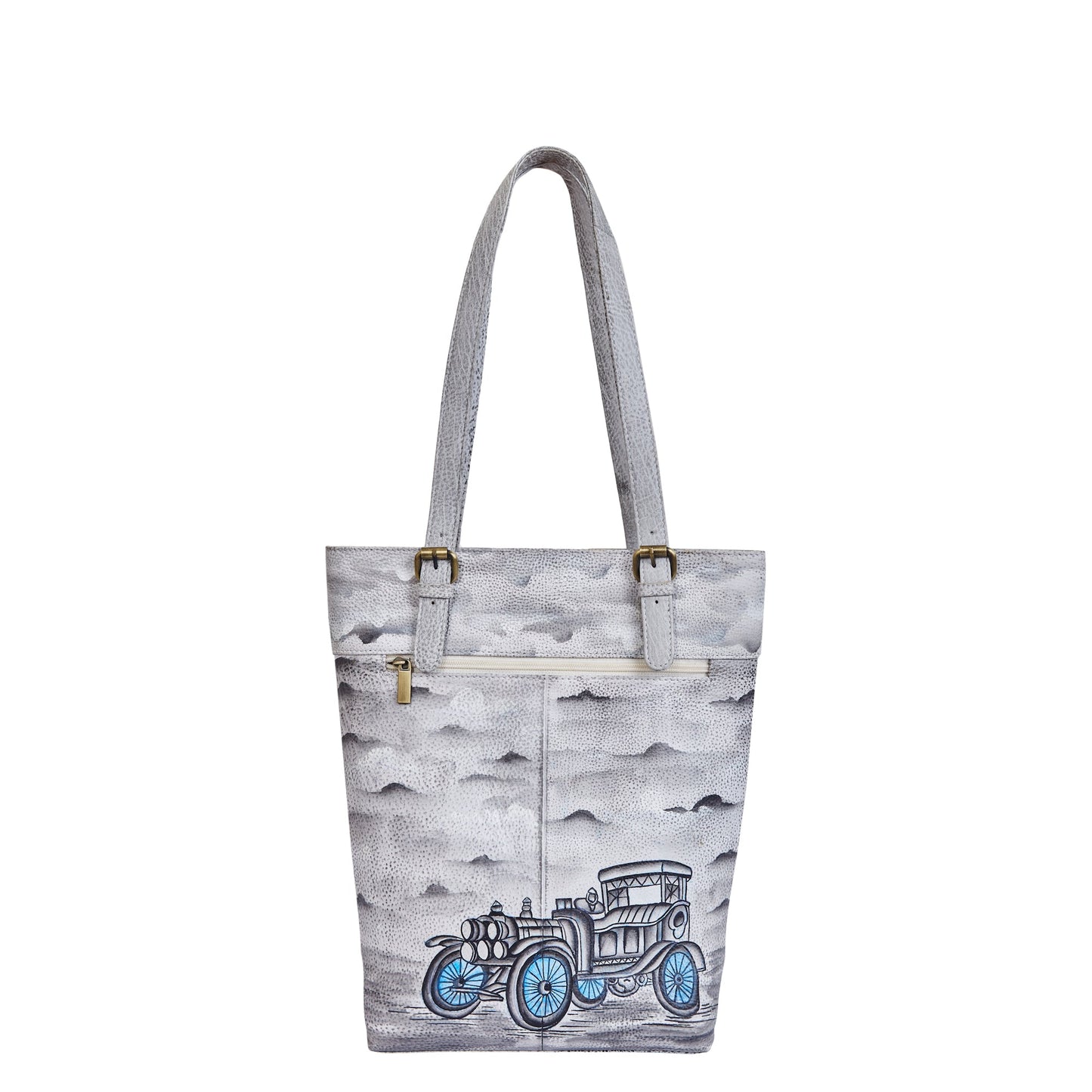 Vintage Car & Architecture Hand-Painted Leather Tote Bag