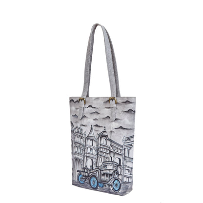 Vintage Car & Architecture Hand-Painted Leather Tote Bag