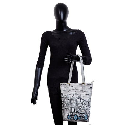 Vintage Car & Architecture Hand-Painted Leather Tote Bag