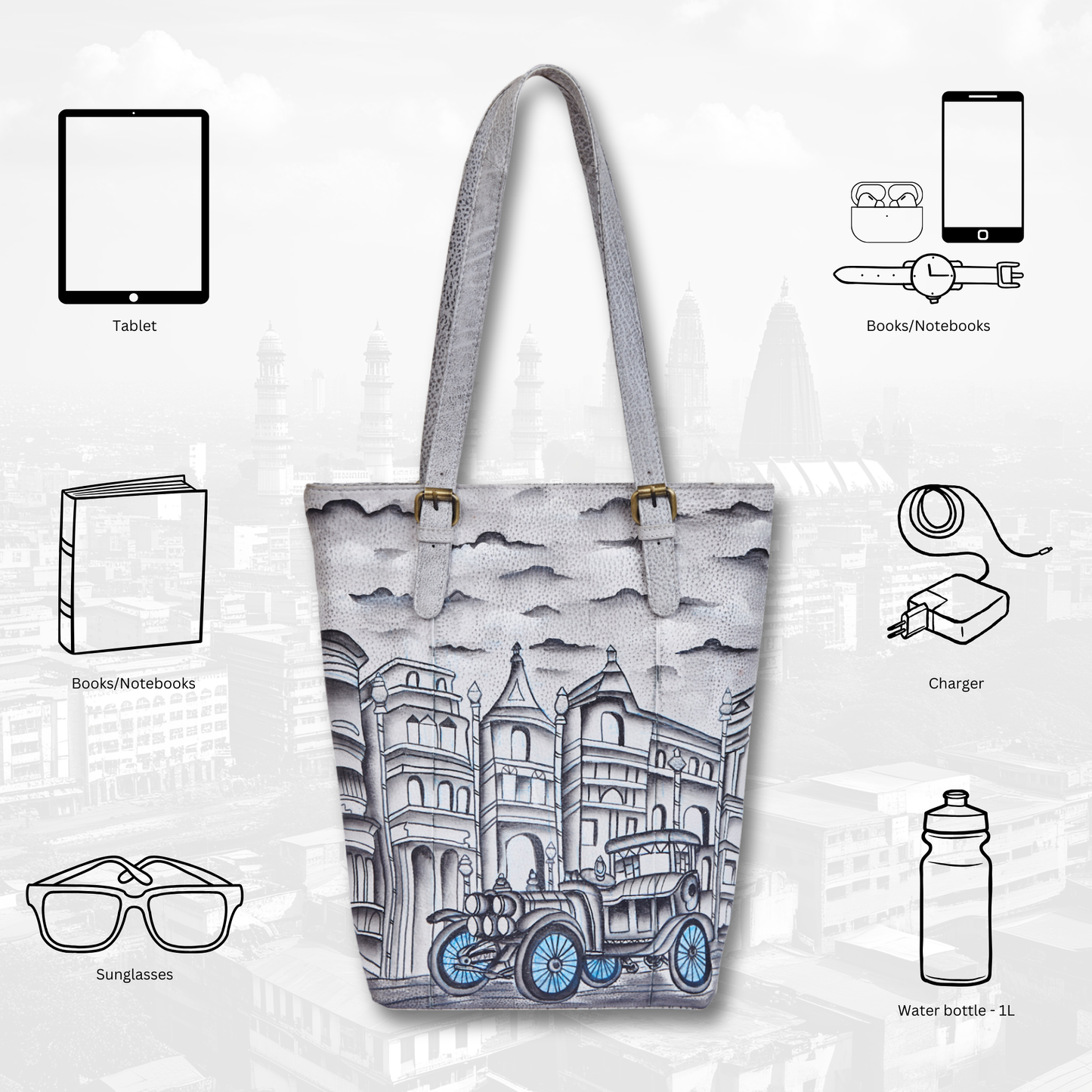 Vintage Car & Architecture Hand-Painted Leather Tote Bag