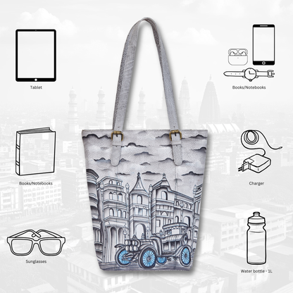 Vintage Car & Architecture Hand-Painted Leather Tote Bag