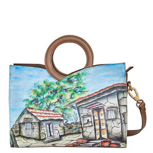 Hut Art Hand-Painted Leather Tote Satchel Bag with Adjustable Strap