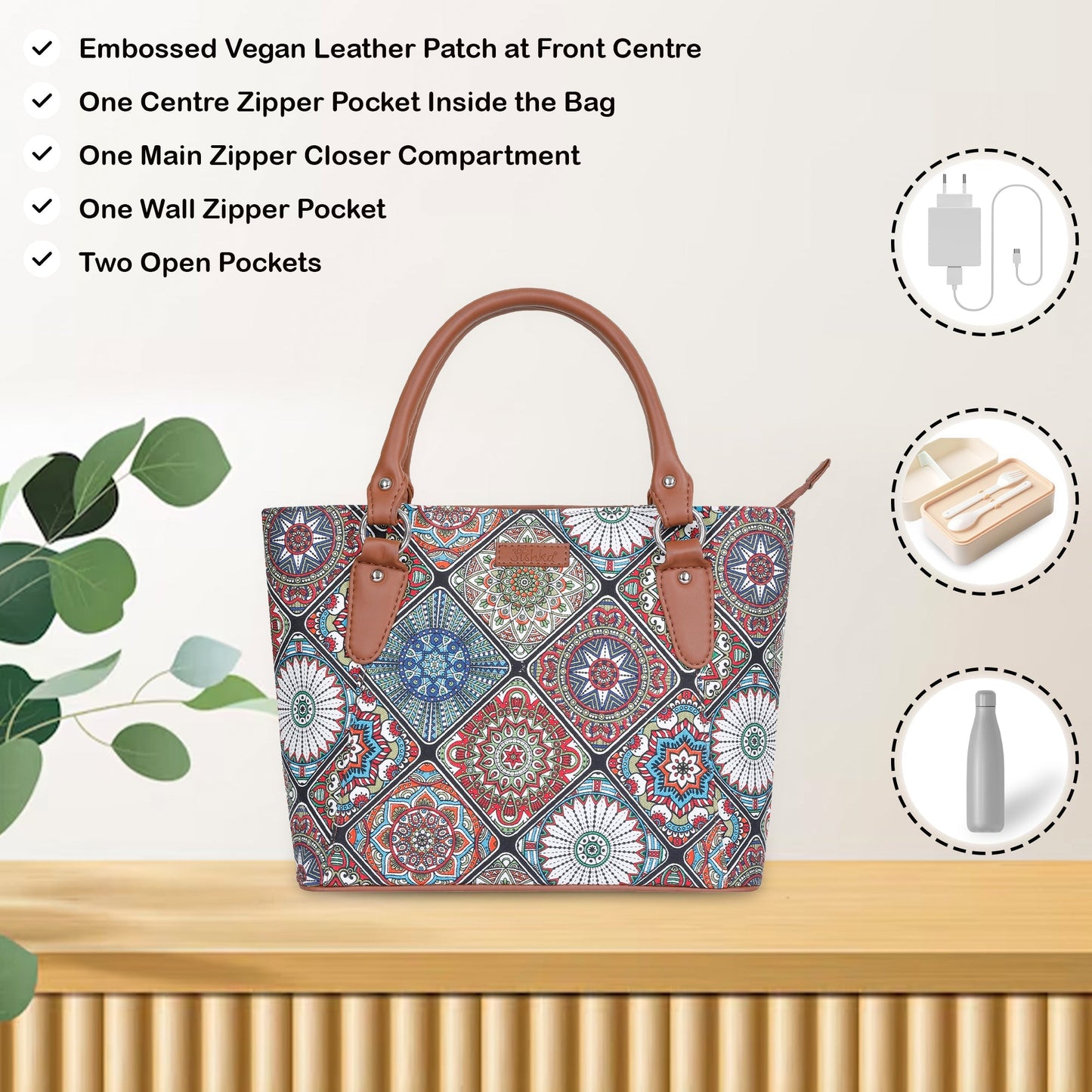 Multicolor Handcrafted Printed Tote Handbag – Women’s Shoulder Purse with Leather Handles