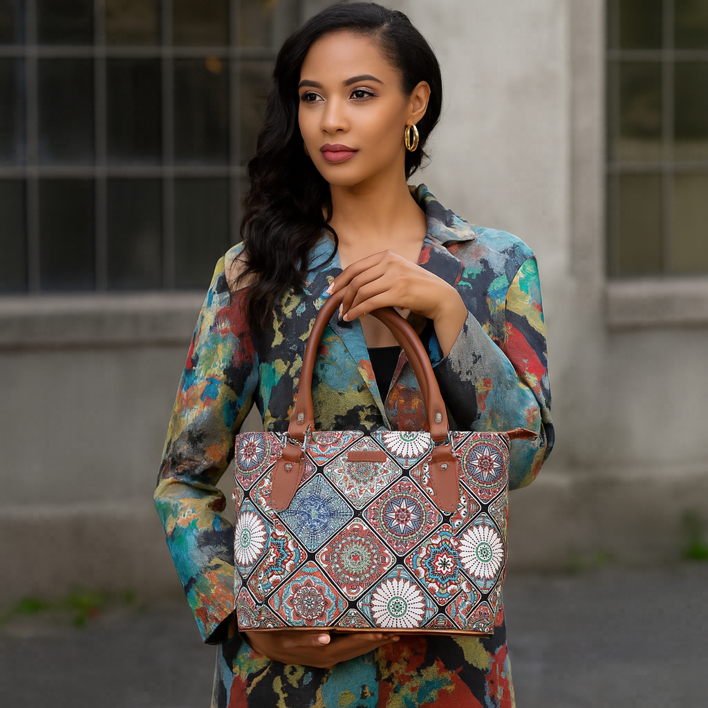 Multicolor Handcrafted Printed Tote Handbag – Women’s Shoulder Purse with Leather Handles