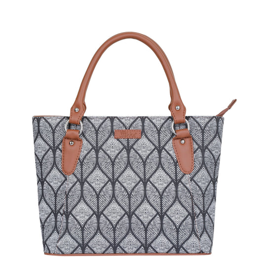 Monochrome Handcrafted Printed Tote Handbag – Elegant Women’s Shoulder & Office Satchel with Leather Handles
