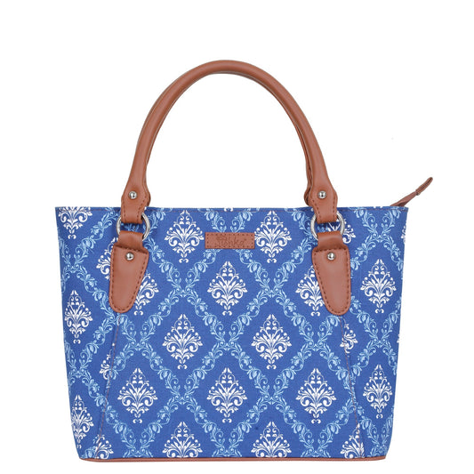 Blue Handcrafted Printed Tote Handbag – Women’s Shoulder Purse with Leather Handles