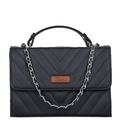 Women’s black quilted vegan leather crossbody sling bag with chain strap and top handle