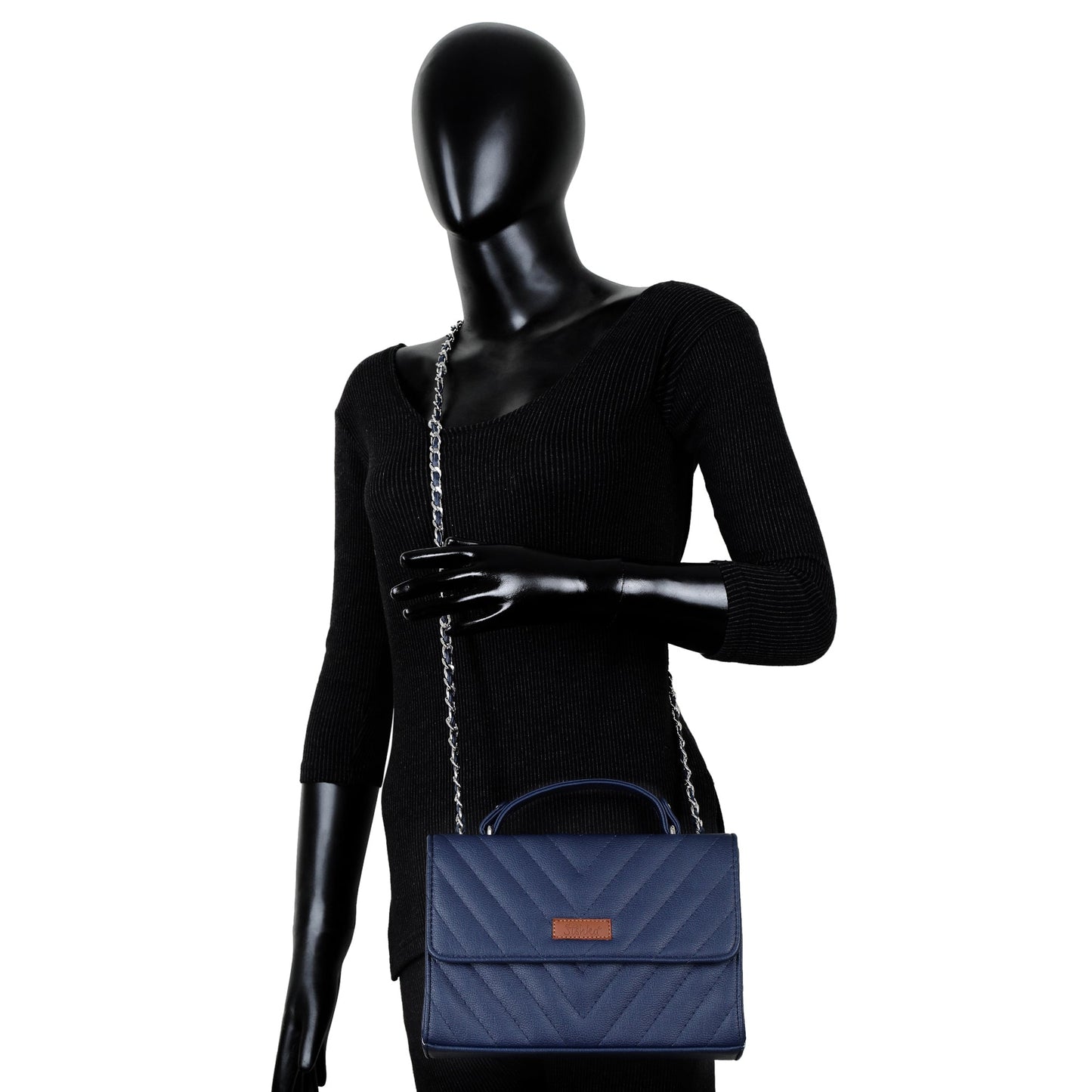 Blue Quilted Faux Leather Sling Bag – Women’s Chain Strap Shoulder Purse