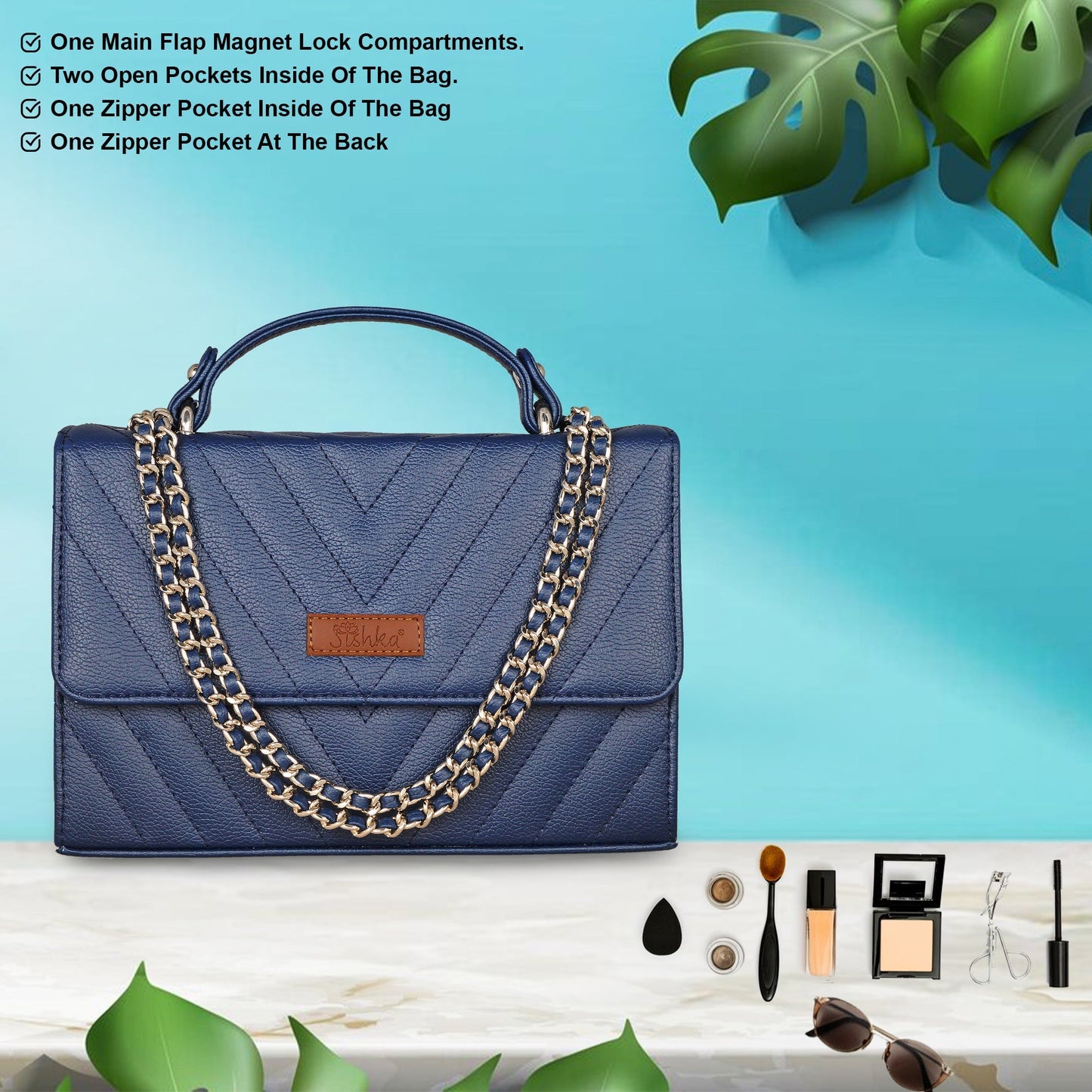 Blue Quilted Faux Leather Sling Bag – Women’s Chain Strap Shoulder Purse