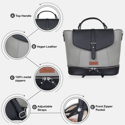 Grey Leather Backpack for Women – Multi-Use Purse, Shoulder Bag & Handbag for Work