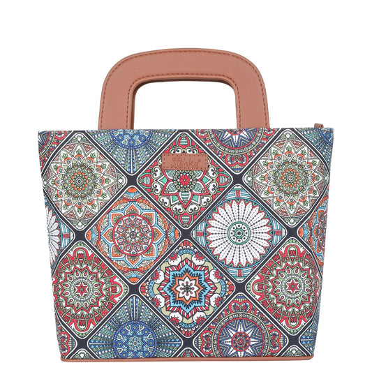 Multicolor Handcrafted Printed Handbag – Women’s Top Handle Tote Purse with Leather Trim