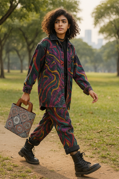 Multicolor Handcrafted Printed Handbag – Women’s Top Handle Tote Purse with Leather Trim