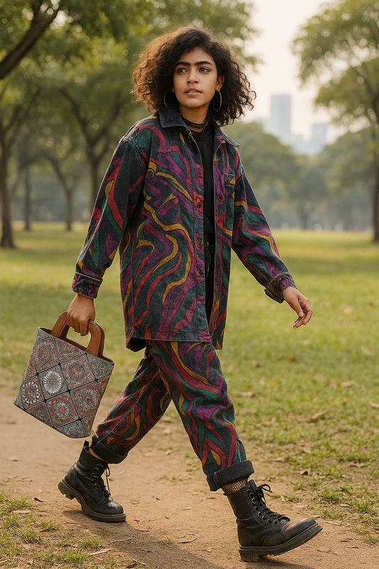 Multicolor Handcrafted Printed Handbag – Women’s Top Handle Tote Purse with Leather Trim