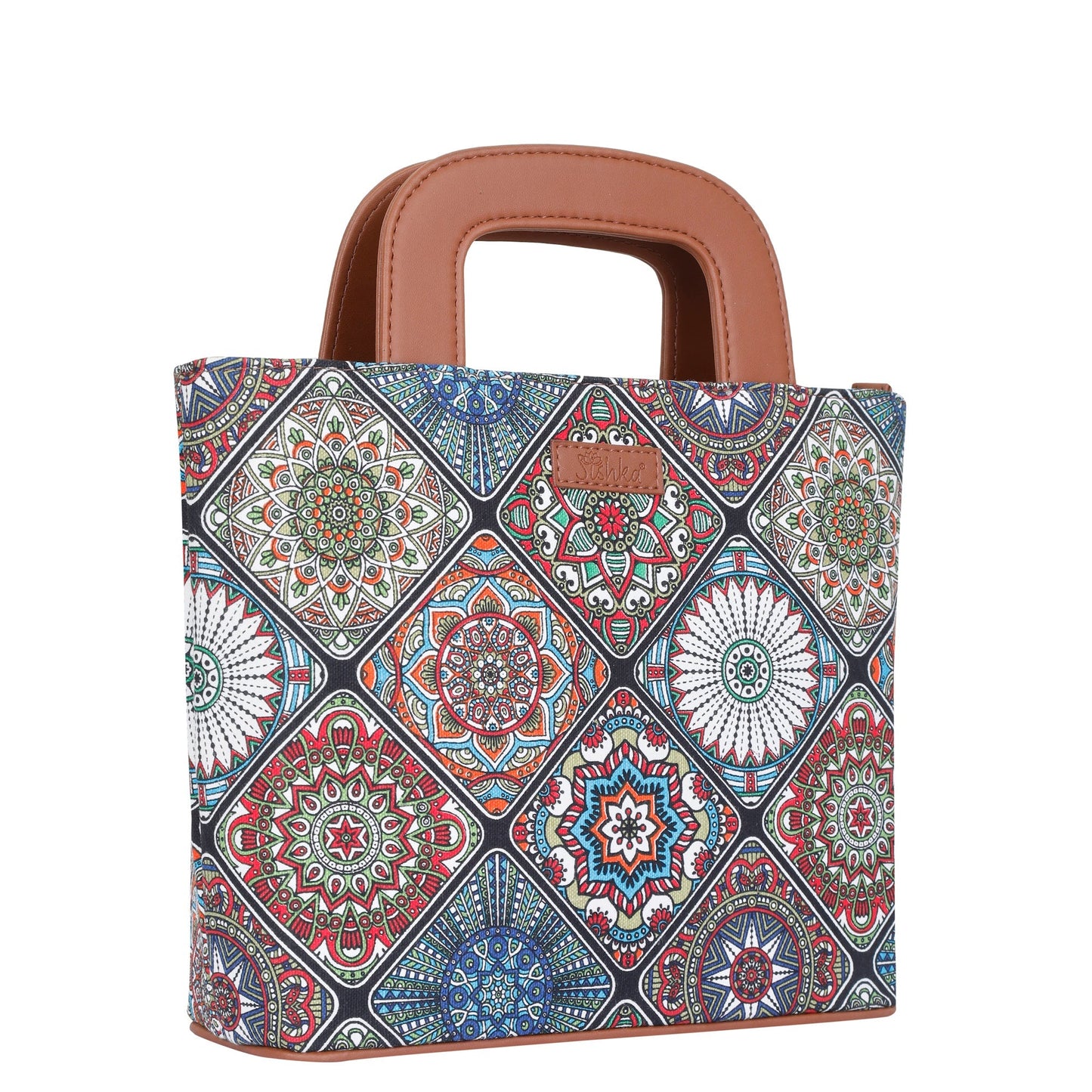 Multicolor Handcrafted Printed Handbag – Women’s Top Handle Tote Purse with Leather Trim