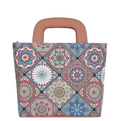 Multicolor Handcrafted Printed Handbag – Women’s Top Handle Tote Purse with Leather Trim