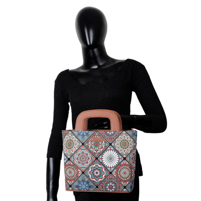 Multicolor Handcrafted Printed Handbag – Women’s Top Handle Tote Purse with Leather Trim