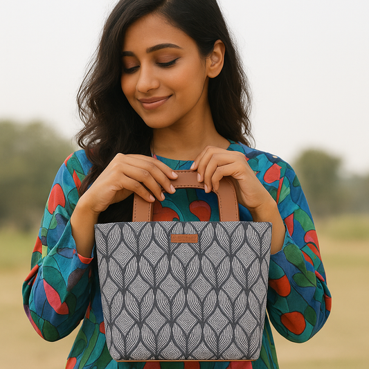 Monochrome Handcrafted Top Handle Handbag – Women’s Printed Satchel Tote for Work & Travel