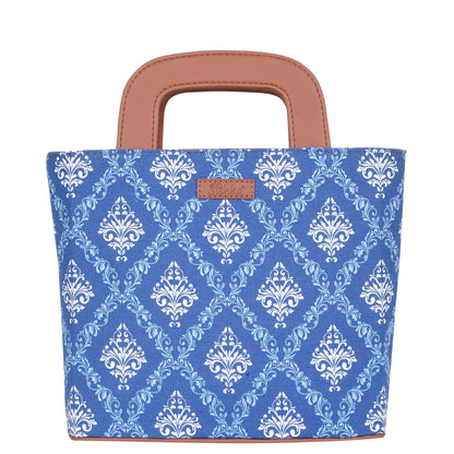 Blue Handcrafted Printed Handbag – Women’s Top Handle Tote Satchel with Leather Trim