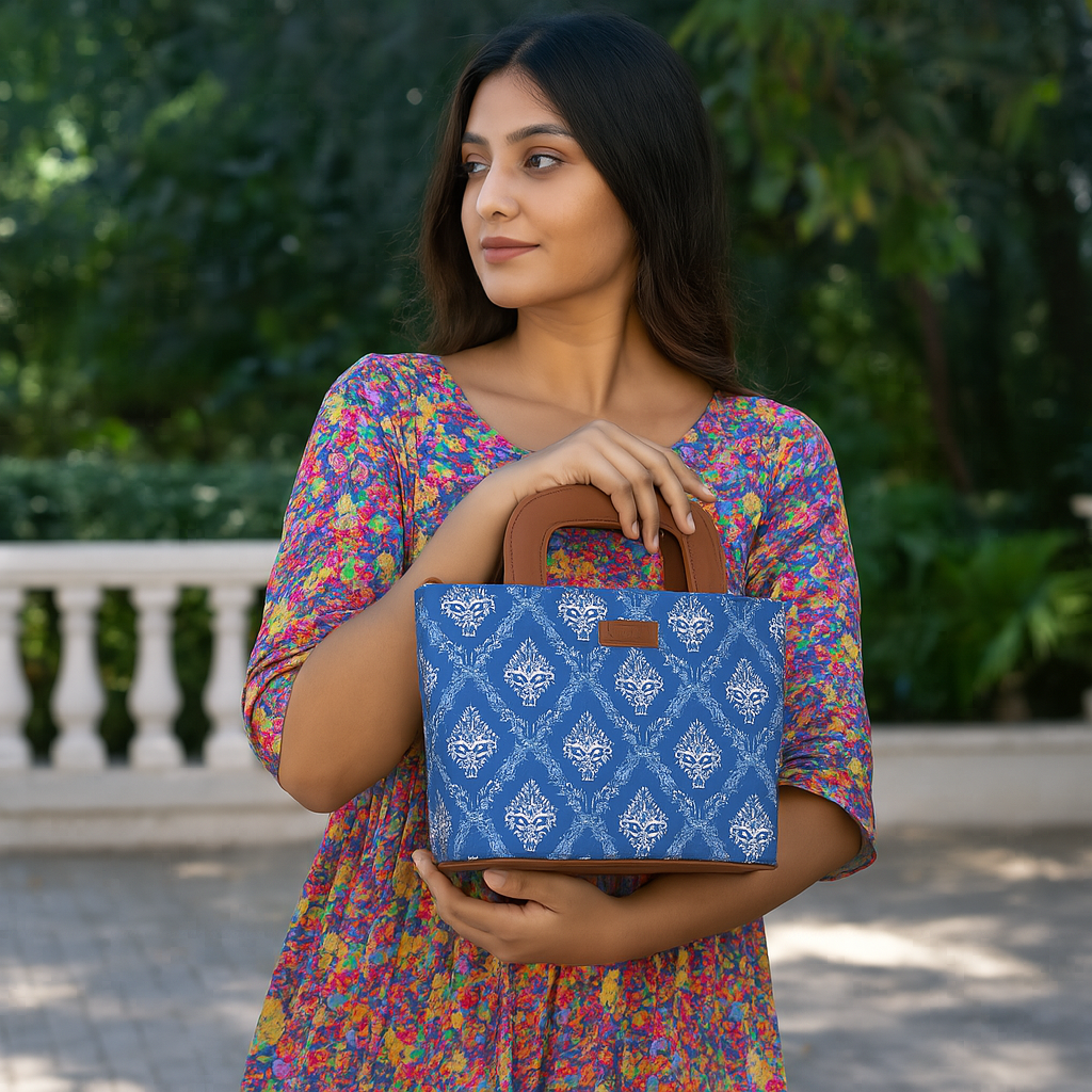Blue Handcrafted Printed Handbag – Women’s Top Handle Tote Satchel with Leather Trim