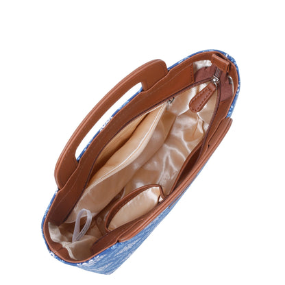 Blue Handcrafted Printed Handbag – Women’s Top Handle Tote Satchel with Leather Trim