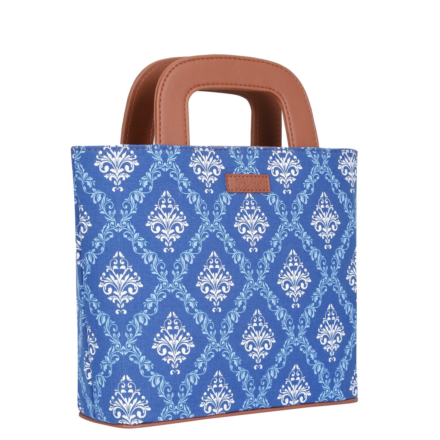 Blue Handcrafted Printed Handbag – Women’s Top Handle Tote Satchel with Leather Trim