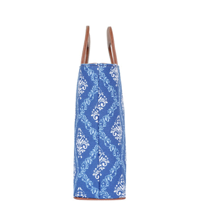 Blue Handcrafted Printed Handbag – Women’s Top Handle Tote Satchel with Leather Trim