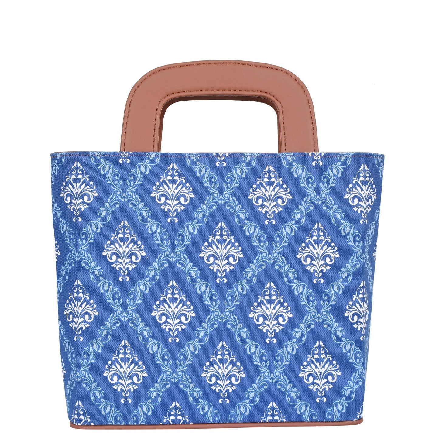 Blue Handcrafted Printed Handbag – Women’s Top Handle Tote Satchel with Leather Trim