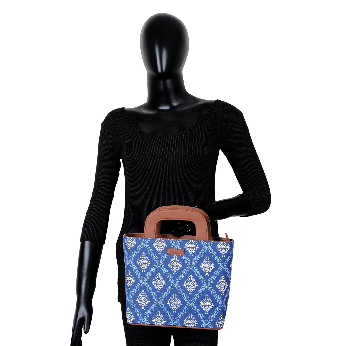Blue Handcrafted Printed Handbag – Women’s Top Handle Tote Satchel with Leather Trim