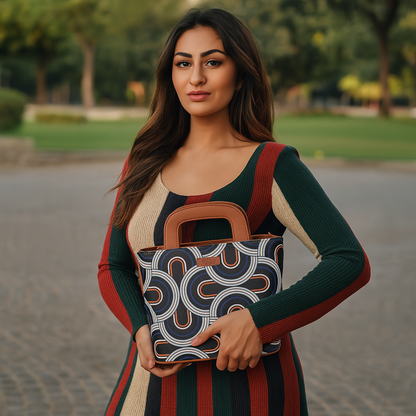 Abstract Printed Handbag – Handcrafted Women’s Top Handle Tote with Leather Trim